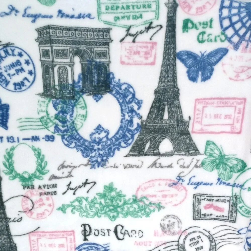 Paris Postmark Throw Blanket - White with Green, Blue & Pink Accents
